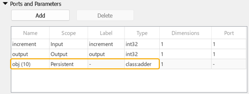 Excerpt of C Function block dialog, showing Symbols table containing a Persistent scope symbol with Type "Class: adder". The Name field is highlighted and contains "obj(10)".