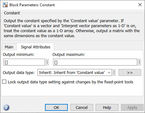 Block Parameters dialog box for a Constant block with the Signal Attributes tab open. On the tab you can set the Output data type parameter.