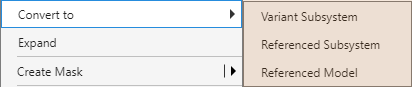 To the right of the main body of the context menu, a menu is expanded with the options Variant Subsystem, Referenced Subsystem, and Referenced Model.