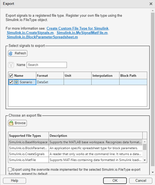 Dialog to export signals to custom registered file types.