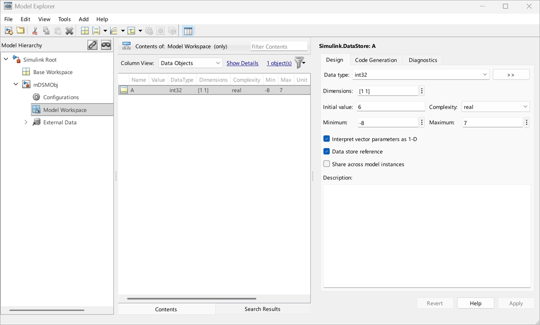 Data store object using Simulink DataStore option in the Model Explorer