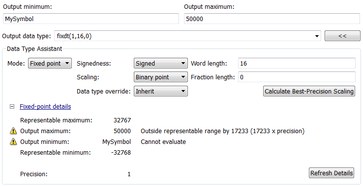 Data Type Assistant section with the Fixed-point details subpane expanded and errors flags and descriptions displayed on the Output maximum and Output minimum rows