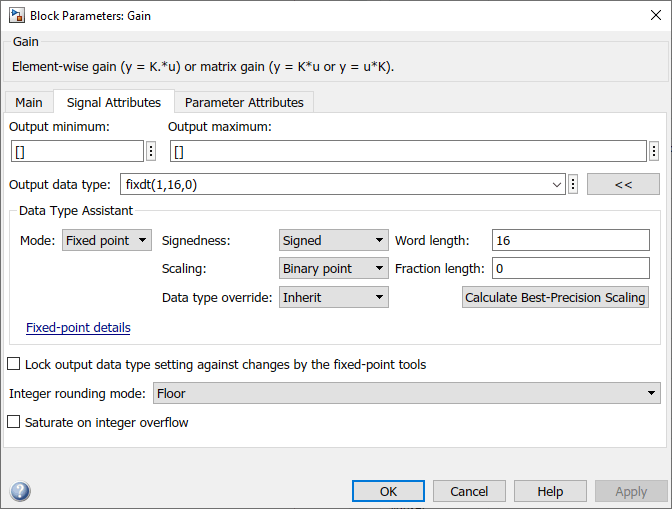 The Block Parameters dialog box for a Gain block. A fixed-point data type is specified and the Data Type Assistant section displays several fields for specifying fixed-point information.