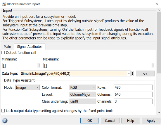 The Inport block parameters dialog box shows that the output data type is set to Simulink.ImageType(480,640,3).
