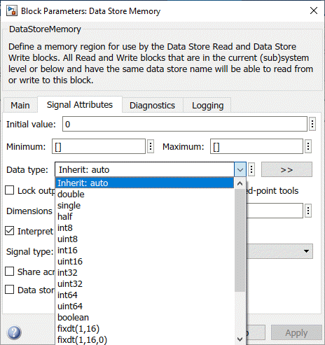 Data Store Memory block dialog box with the drop-down menu for the Data type parameter displayed