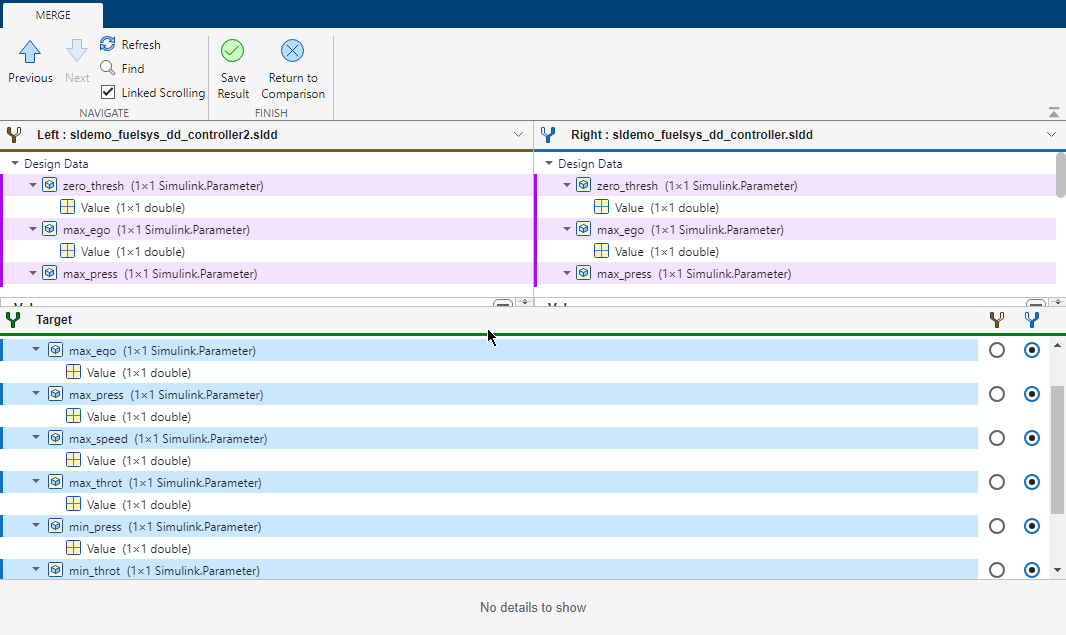 A dictionary file comparison report. Each row in the report compares a variable entry in one dictionary to the same variable in the other dictionary. Buttons at the end of the row allow you to select the merge direction for the entry.