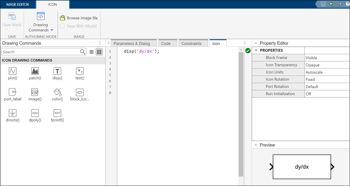 Icon tab of the Mask Editor showing the display command to display a differential equation