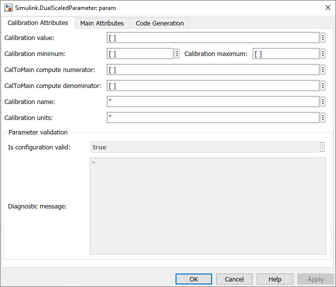 Default view of the Simulink.DualScaledParameter property dialog box with the Calibration Attributes tab displayed