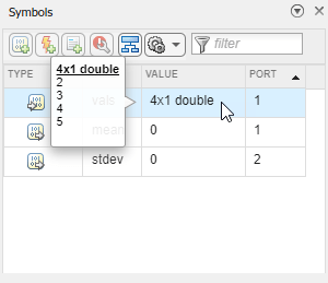 The cursor points to the variable vals, and the value of the variable populates during simulation.