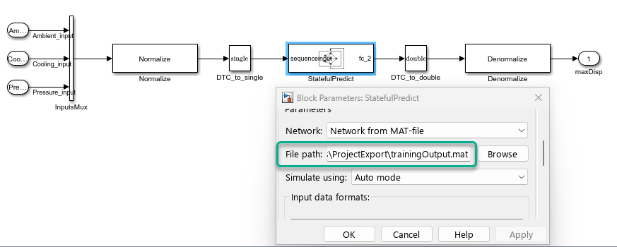 The ROM_Block subsystem showing the inputs, the Mux block, the Normalize subsystem, the Data Type Conversion blocks, the Stateful Predict block, the Denormalize subsystem, and the output. The Block Parameters dialog box of the Stateful Predict Model block highlighting the File path parameter is also shown.