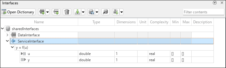 The Interface Editor selects and highlights a service interface in blue. From the toolstrip, the cursor is hovering over the Add element to selected interface button.