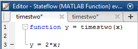 MATLAB code editor with function algorithm defined as y equals 2 times x.