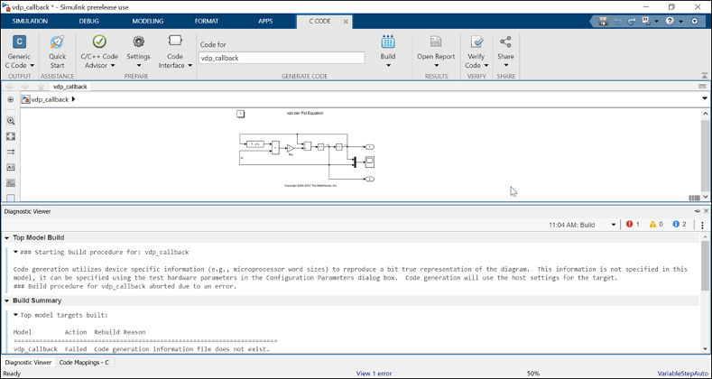 Simulink editor showing the block diagram of the model vdp_callback with a docked Diagnostic Viewer.
