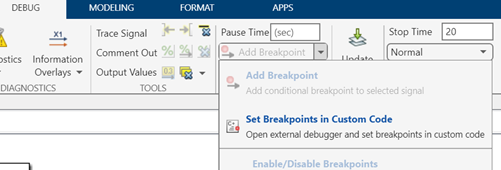 Excerpt from Debug tab of Simulink Toolstrip. The 'Add Breakpoint' dropdown menu is open, and 'Set Breakpoints in Custom Code' is the second option on the menu.