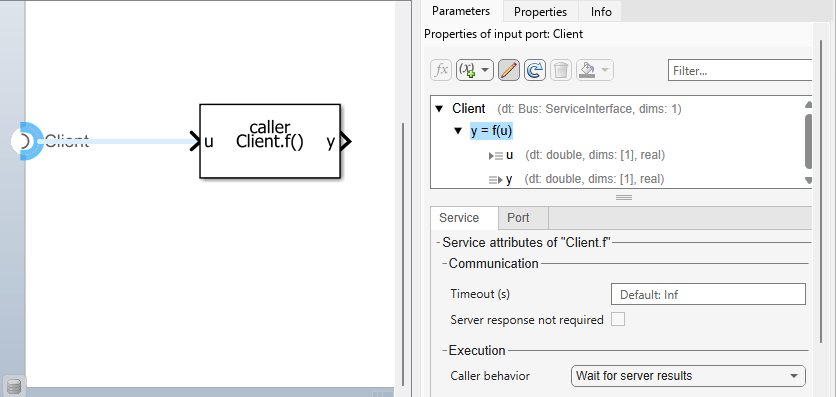 The Parameters tab of the Property Inspector displayed with a function element selected. The Communication and Execution sections are displayed showing the Client service and Caller behavior properties.