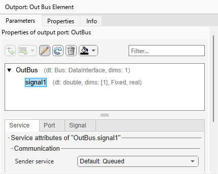 The Parameters tab of the Property Inspector appears with a data element selected. The Communication pane appears, showing the Sender service property.