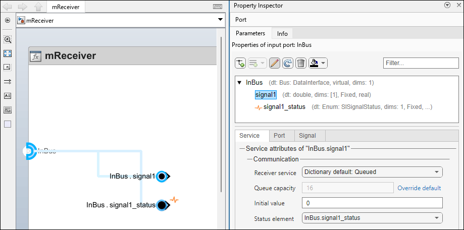 InBus input port selected with blue lines tracing the port to two In Bus Element blocks labeled InBus.signal1 and InBus.signal1_status.
