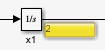 A port value label on the output signal of an Integrator block named x1 shows the current signal value 2. The port value label is a yellow text box that floats over the canvas.