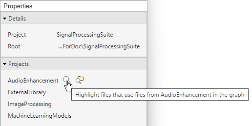 Projects section of the Properties panel on the right. Point and click the magnifying glass next to the project name to highlight files that use a project.
