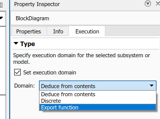 Property Inspector dialog, with "Set execution domain" check box selected and drop-down menu for "Domain" with "Export function" selected