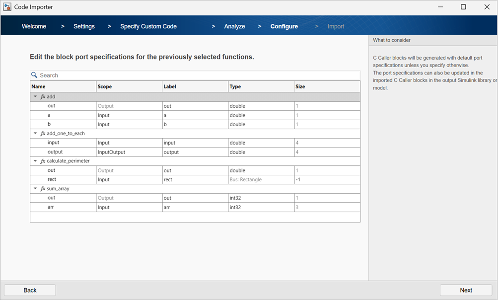 Page to edit block port specifications for the selected functions.
