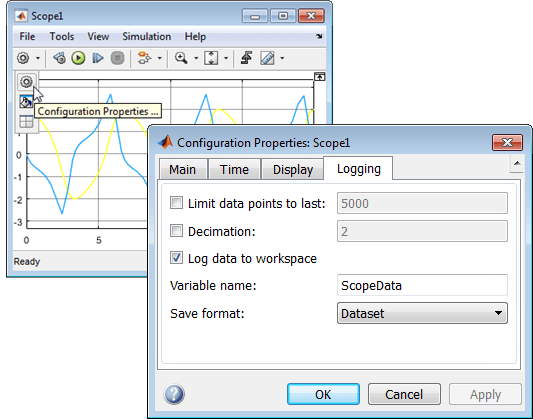 Scope window and scope configuration properties window.