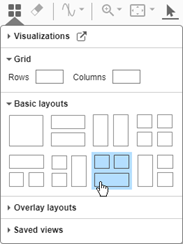 The Basic layouts section expanded in the visualizations and layouts menu. The pointer is paused on the layout with two subplots on top of a third subplot..