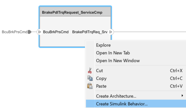 Right-click menu for the BrakePdlTrqRequest_ServiceCmp software component with the Create Simulink Behavior option selected.