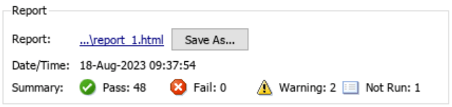 Report section in the Upgrade Advisor showing the date and time of the last run and a summary of the checks Pass, Fail, Warning and Not Run