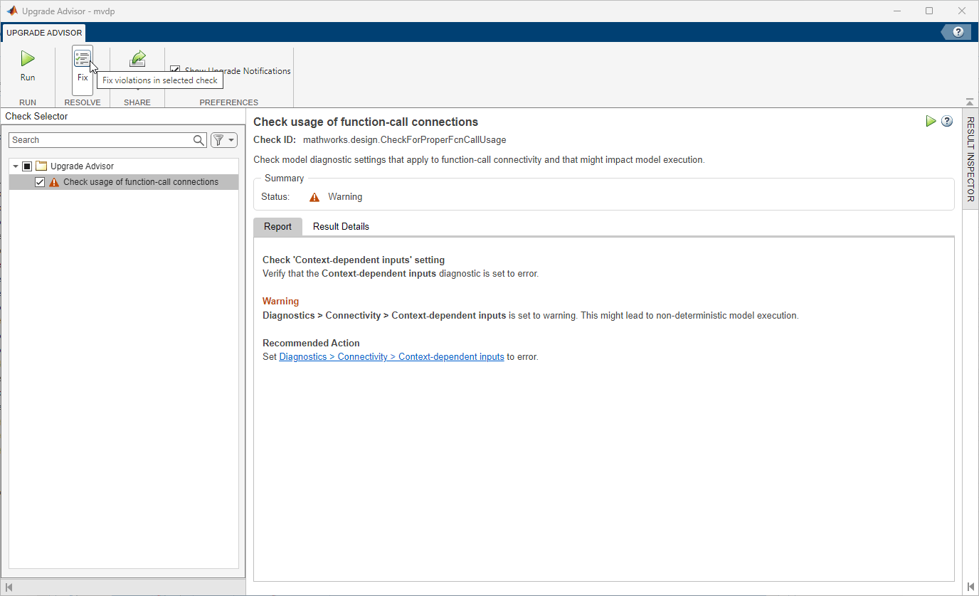The Upgrade Advisor shows the list of checks with a warning status in the left pane, the warning details in the right pane, and the pointer on the Fix button in the toolstrip at the top.
