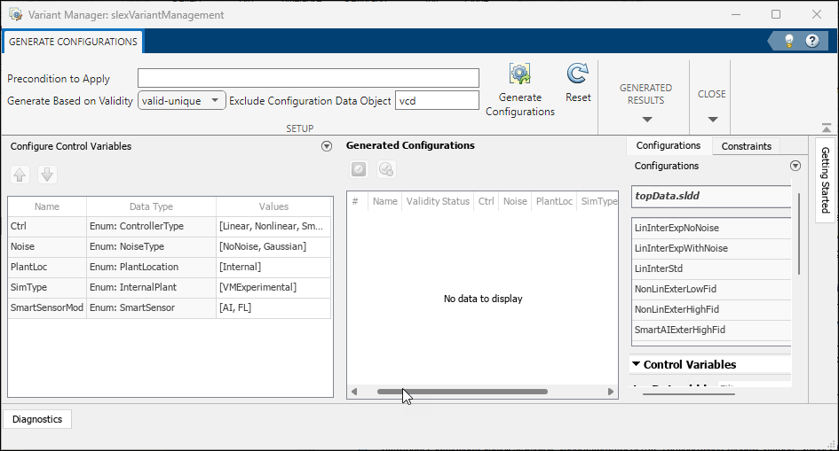 Generate Configurations tab open in Variant Manager window