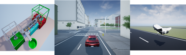 3D visualization images of industrial robot, vehicle on a city block, and airplane landing