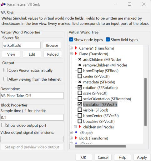 VR Sink block parameters dialog box with translation highlighted.