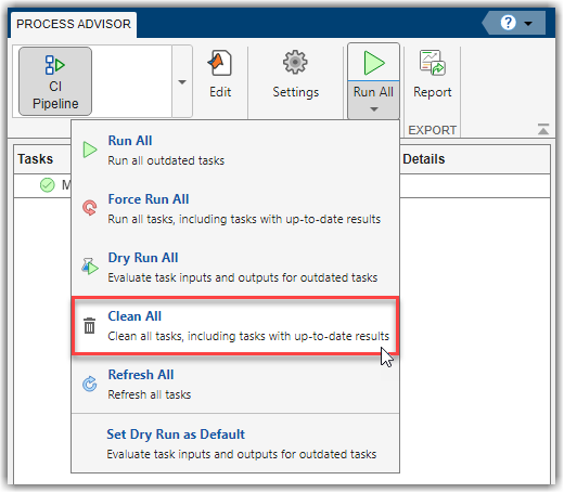 Process Advisor toolstrip showing Run All menu with Clean All button