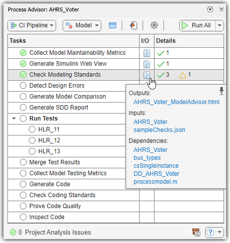 Process Advisor app showing completed tasks for collecting model maintainability metrics, generating a Simulink Web View, and checking modeling standards