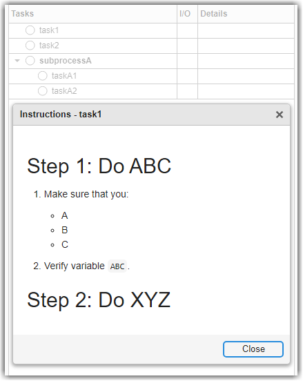 Example instructions in a dialog box in Process Advisor