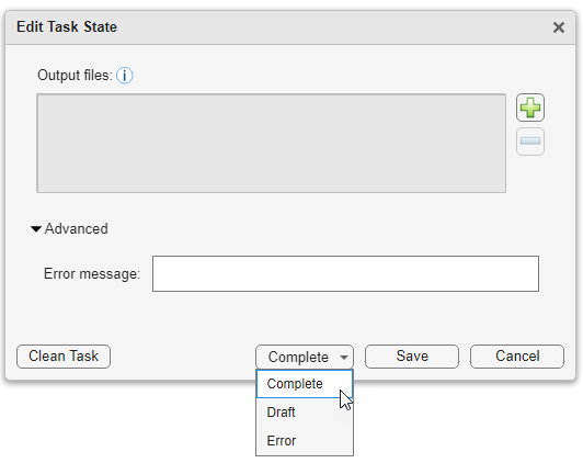 Dialog box showing Output files section and drop-down menu of task statuses