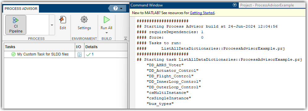 Custom task in the Process Advisor tasks column and task output shown in the MATLAB Command Window