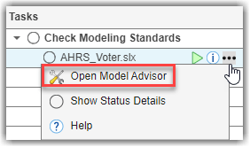 Check Modeling Standards task showing option to Open Model Advisor