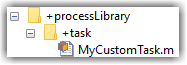 "MyCustomTask.m" class definition file inside "+task" folder inside "+processLibrary" folder