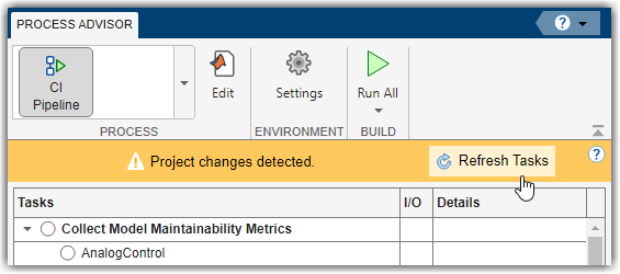 Mouse pointing to Refresh Tasks button in "Project changes detected" warning banner