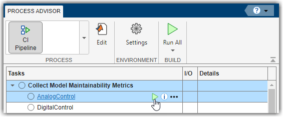 Mouse pointing to run button for running the "Collect Model Maintainability Metrics" task on the AnalogControl model