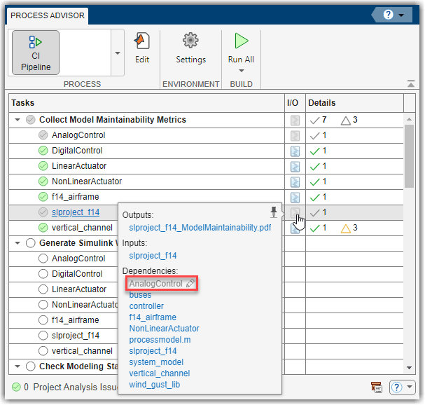 I/O pop-out showing AnalogControl.slx model as an outdated dependent task for the slproject_f14 model