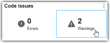 Code Issues section showing zero errors and two warnings. The mouse is pointing to the Warnings widget.
