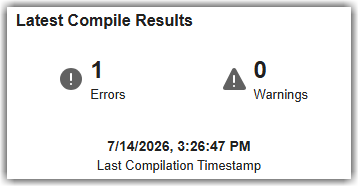 Latest Compile Results section showing one error, zero warnings, and the last compilation timestamp.