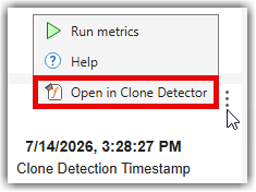 Context menu for the Clones section with options for "Run metrics", "Help", and "Open in Clone Detector". The Open in Clone Detector menu option is highlighted.