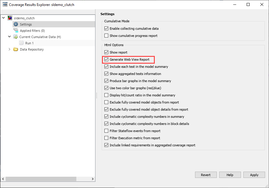 Coverage Results Explorer Settings page. Under "Html Options" there is a setting called "Generate Web View Report."