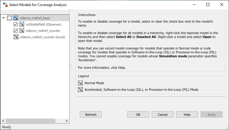 Select Models for Coverage Analysis window shows the model sldemo_mdlref_basic that contains three model references. mObsRefMdl (Observer) and sldemo_mdlref_counter are selected to receive coverage. sldemo_mdlref_counter (Accel) cannot be selected because Accelerated models cannot be analyzed for coverage.