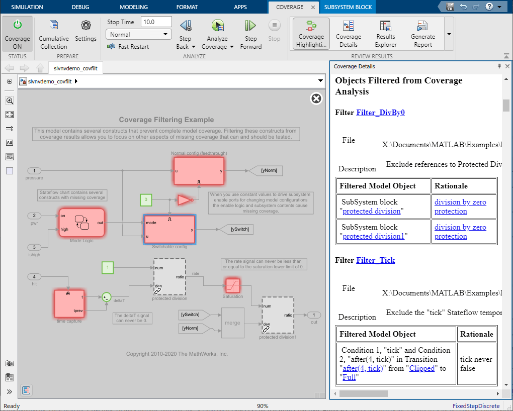 Simulink window after coverage analysis. The Coverage Details pane displays the Objects Filtered from Coverage Analysis section of the coverage report.