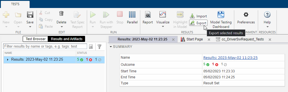 The Test Manager left pane displays the Results and Artifacts tab. The results are collapsed.